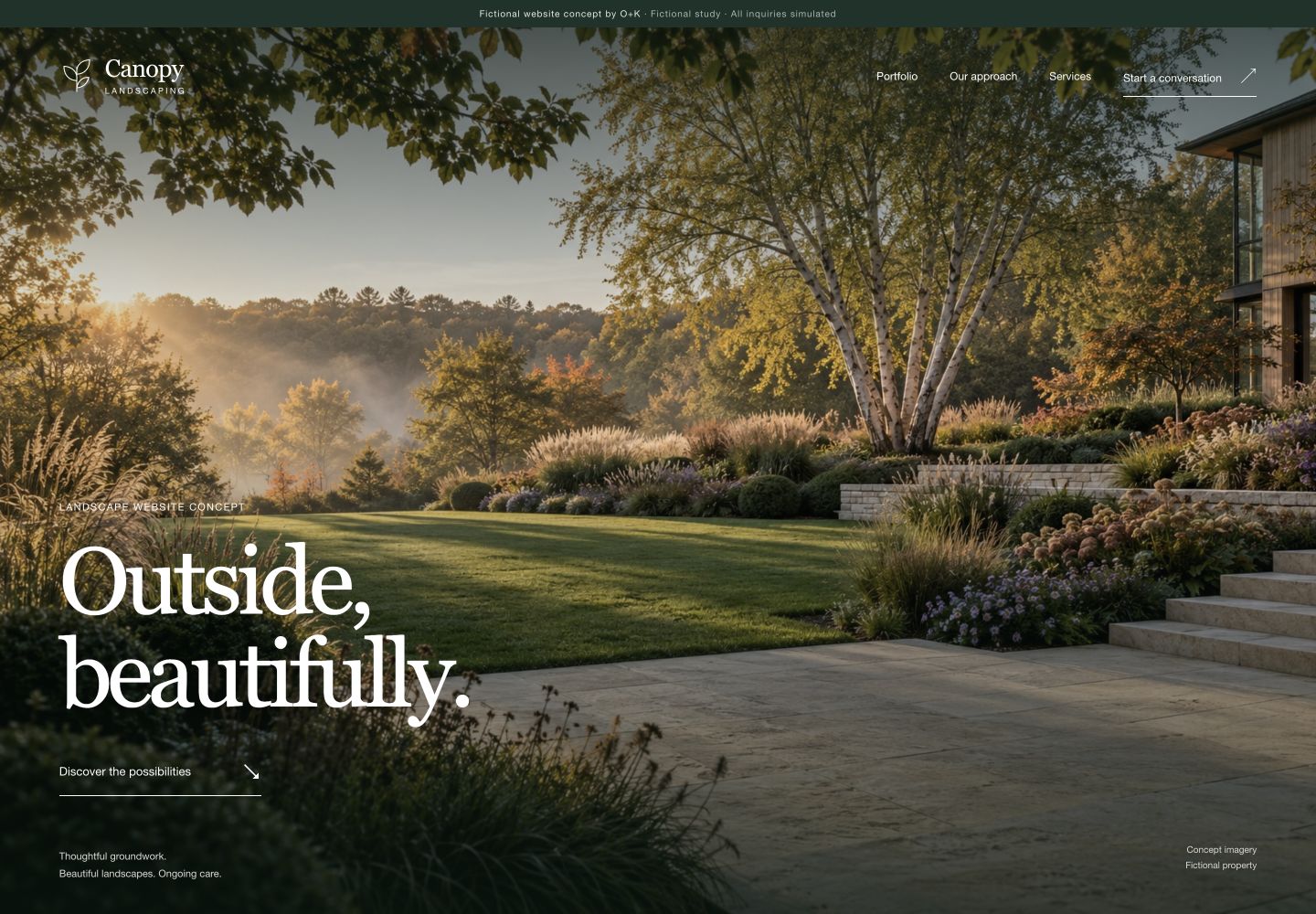 Canopy concept: an immersive garden photograph with elegant white typography