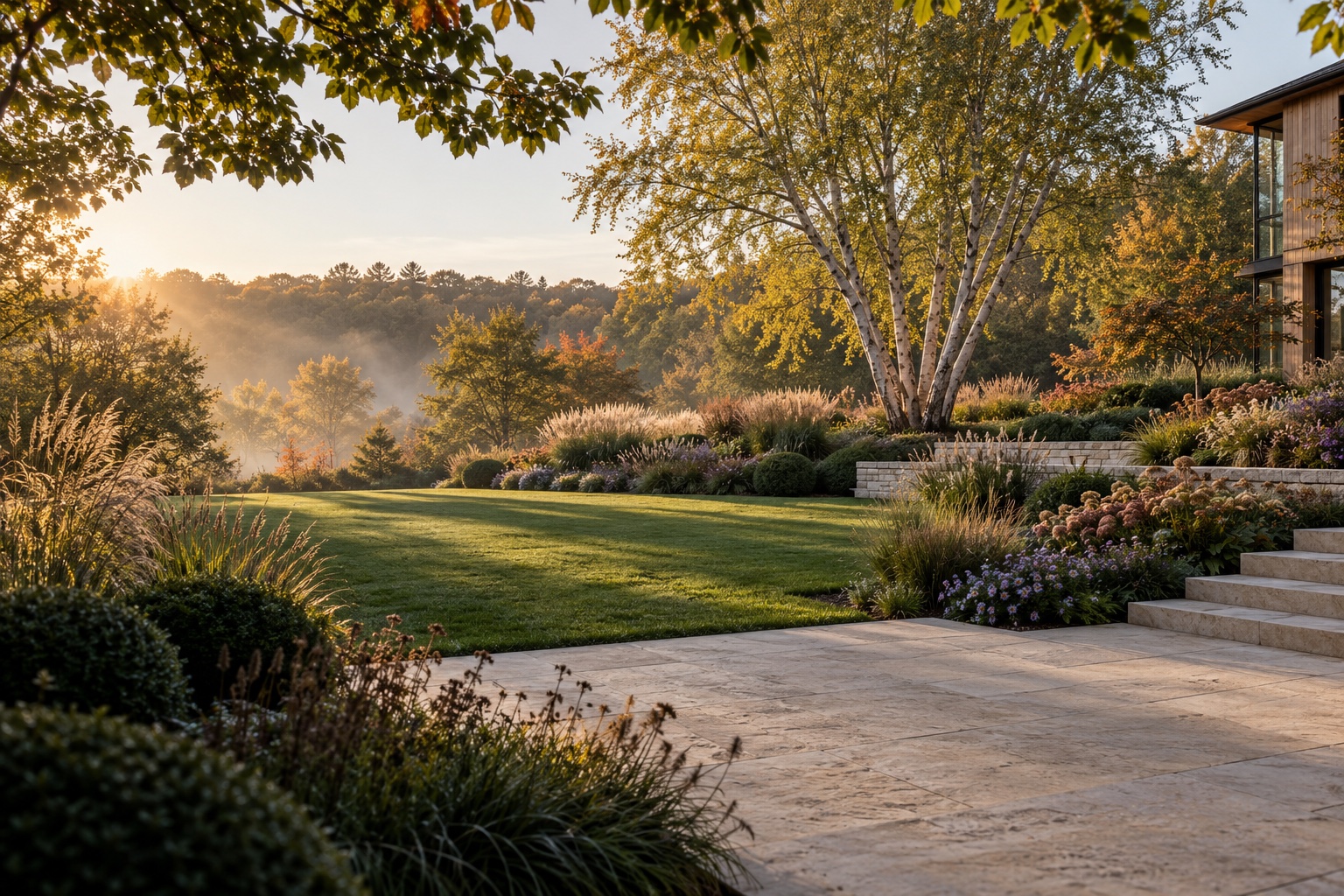 Original fictional garden with a limestone terrace, broad lawn and layered planting.